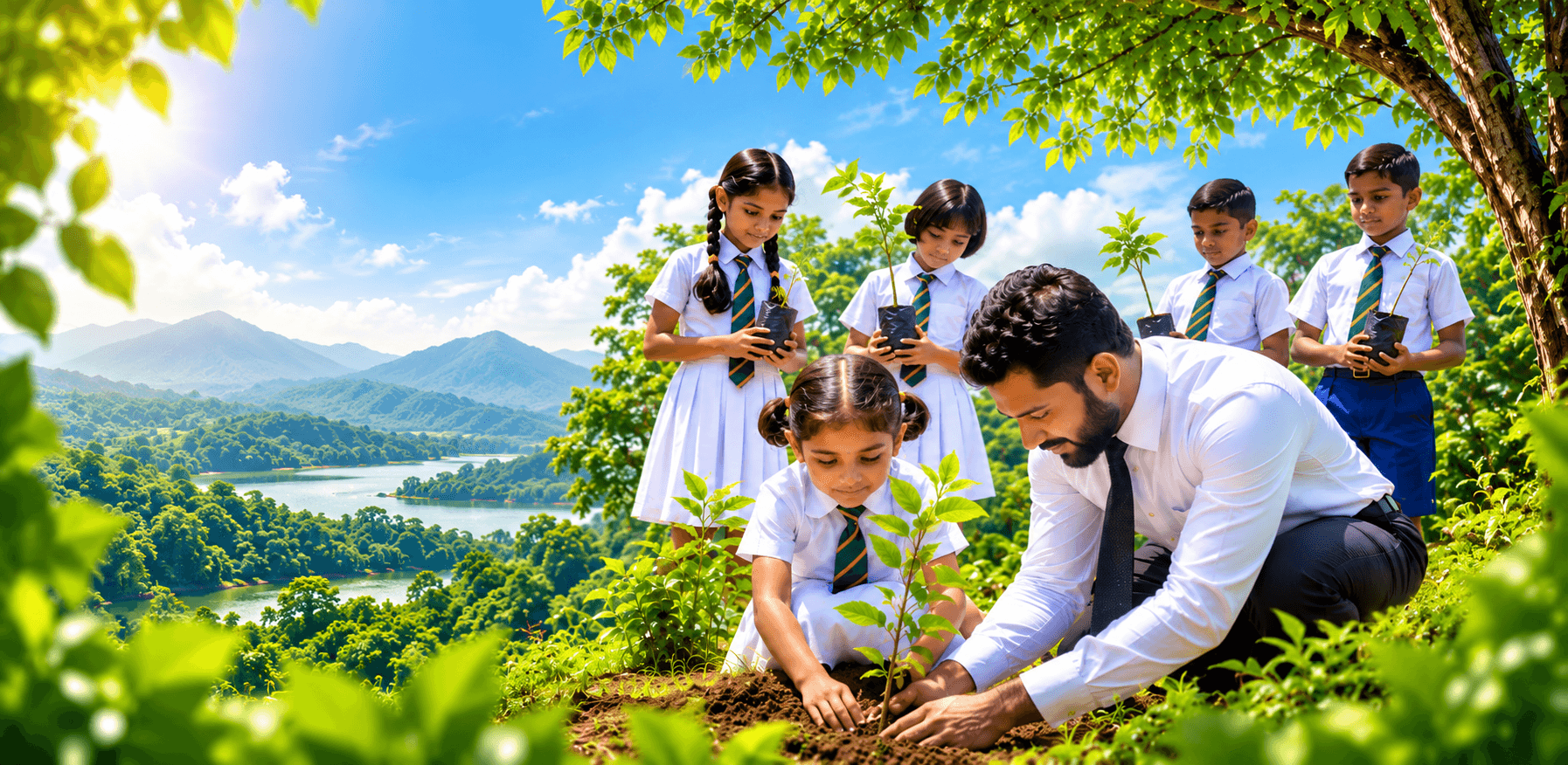 A teacher and students planting a sapling
